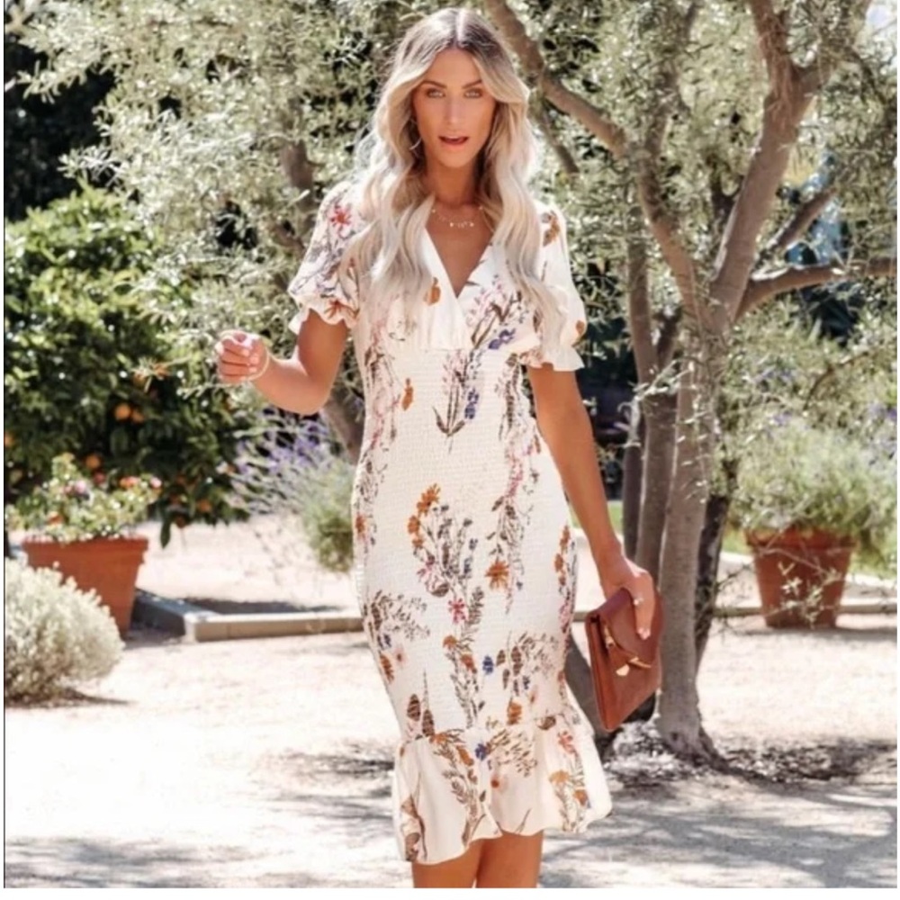Vici Cream Floral Midi Dress with Multicolor Print